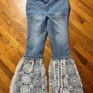 A Rare Bird Boutique Handmade Blue Jeans with Lace Bell Bottoms L XL